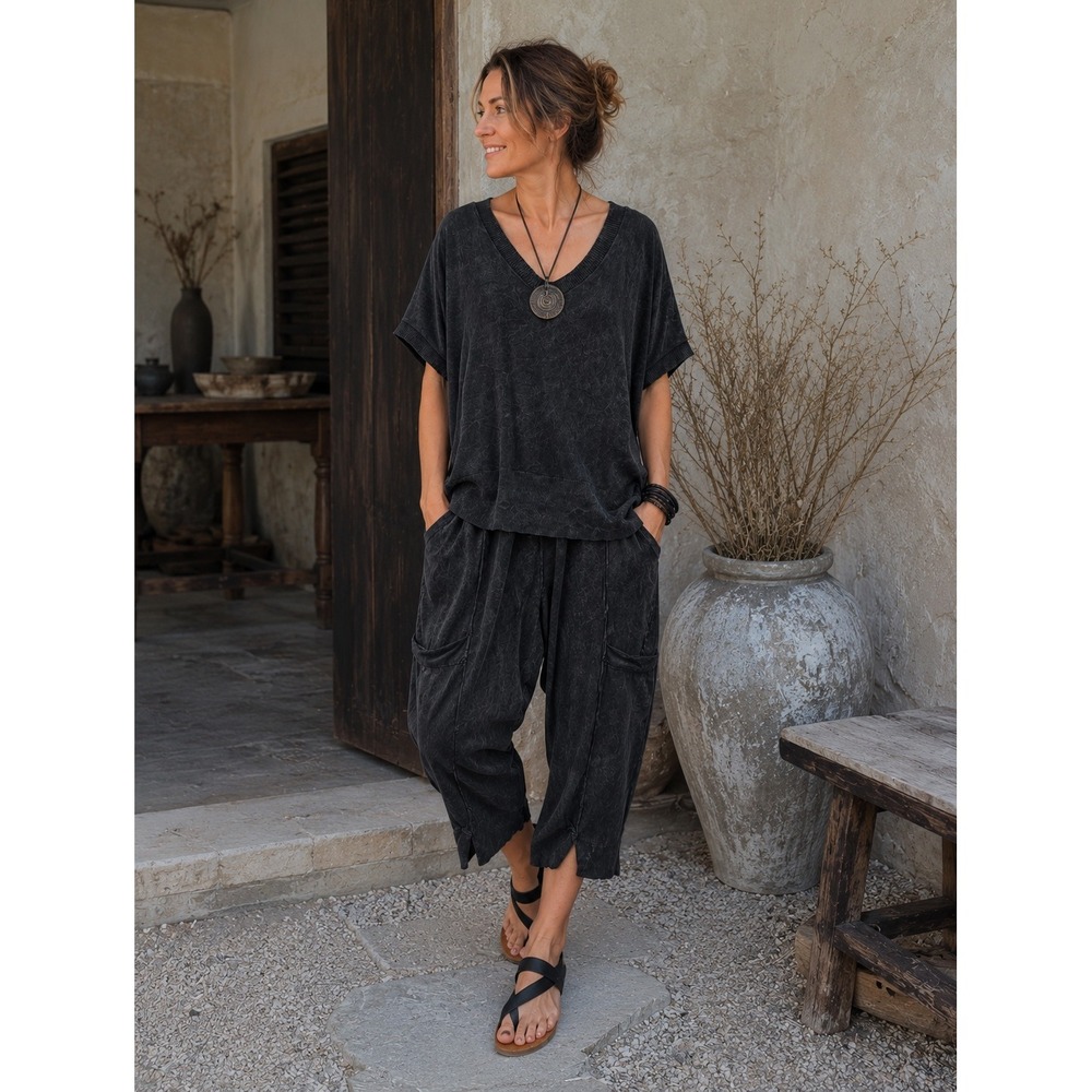 Cynthia Ashby Women's Charcoal Mineral Wash 2 Piece Set Cotton Harem Pants- XL